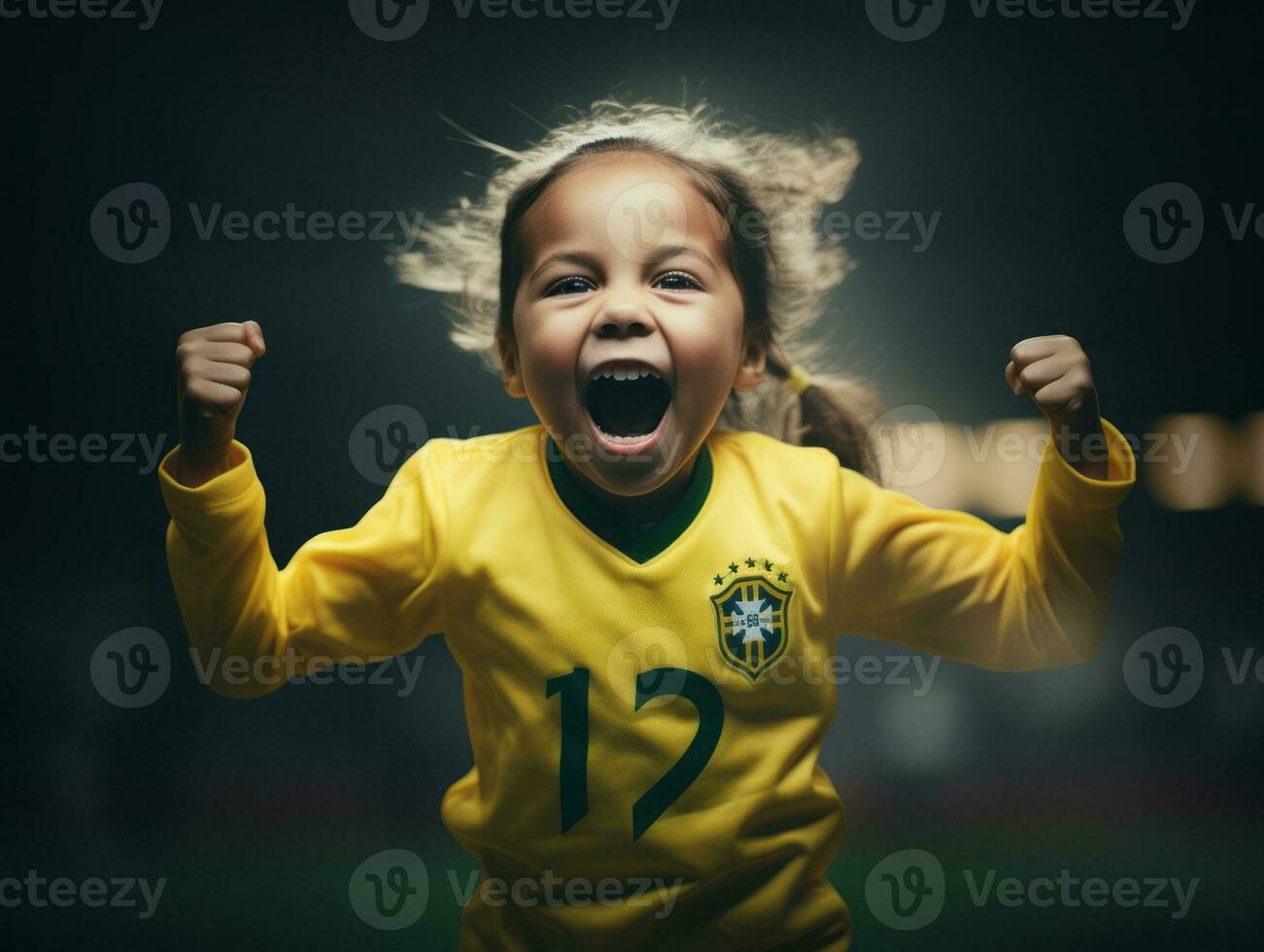 Brasilianer Kind feiert seine Fußball Teams Sieg ai generativ foto