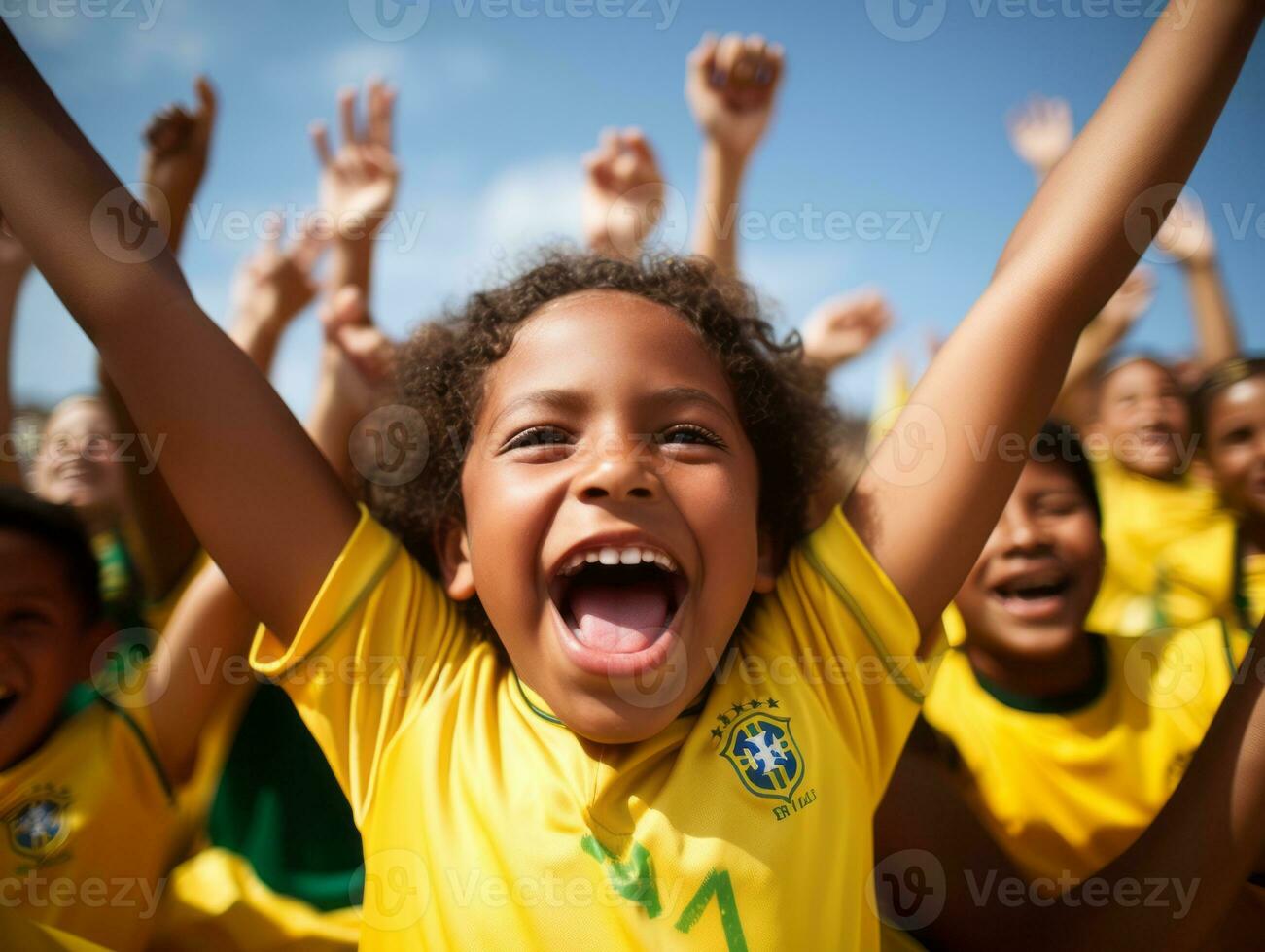 Brasilianer Kind feiert seine Fußball Teams Sieg ai generativ foto