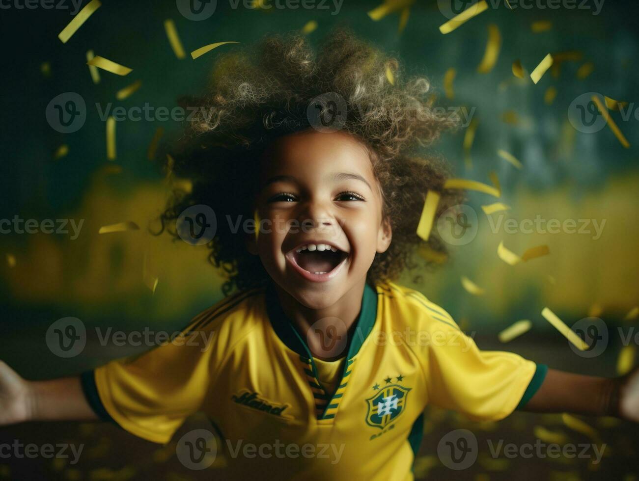 Brasilianer Kind feiert seine Fußball Teams Sieg ai generativ foto