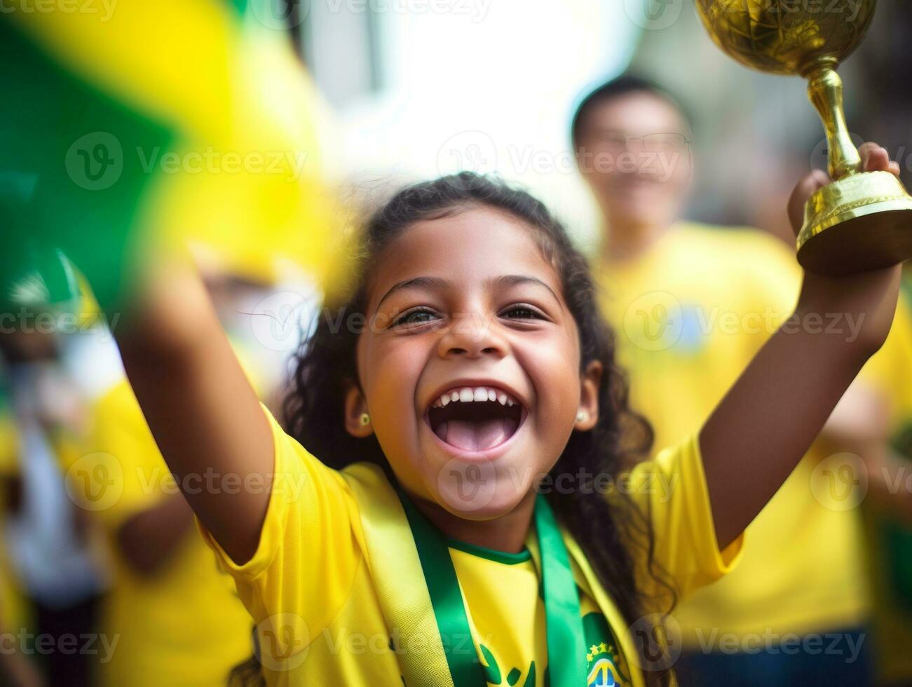 Brasilianer Kind feiert seine Fußball Teams Sieg ai generativ foto