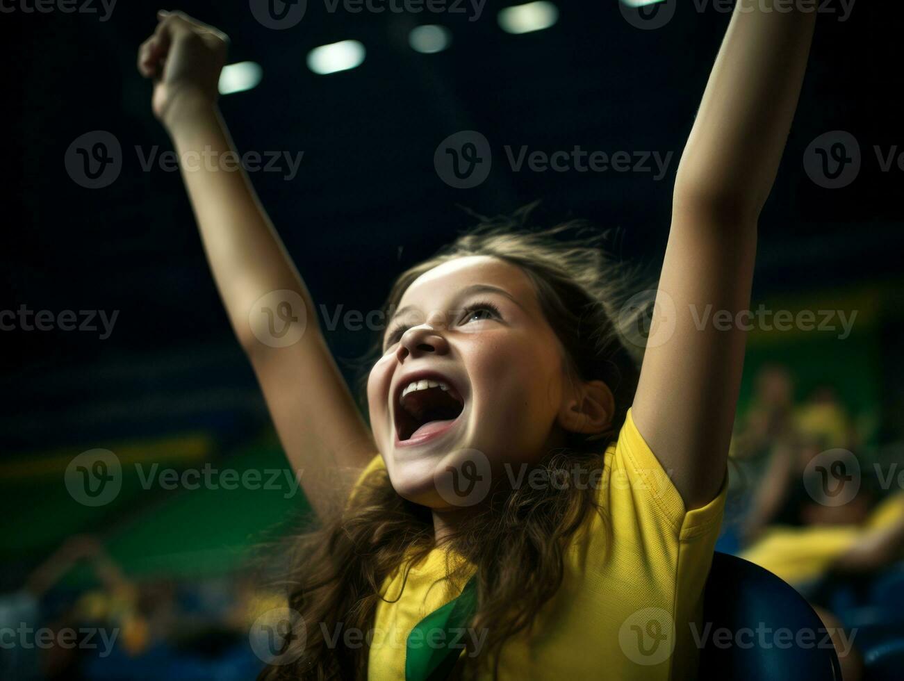 Brasilianer Kind feiert seine Fußball Teams Sieg ai generativ foto