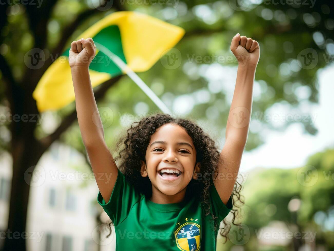 Brasilianer Kind feiert seine Fußball Teams Sieg ai generativ foto