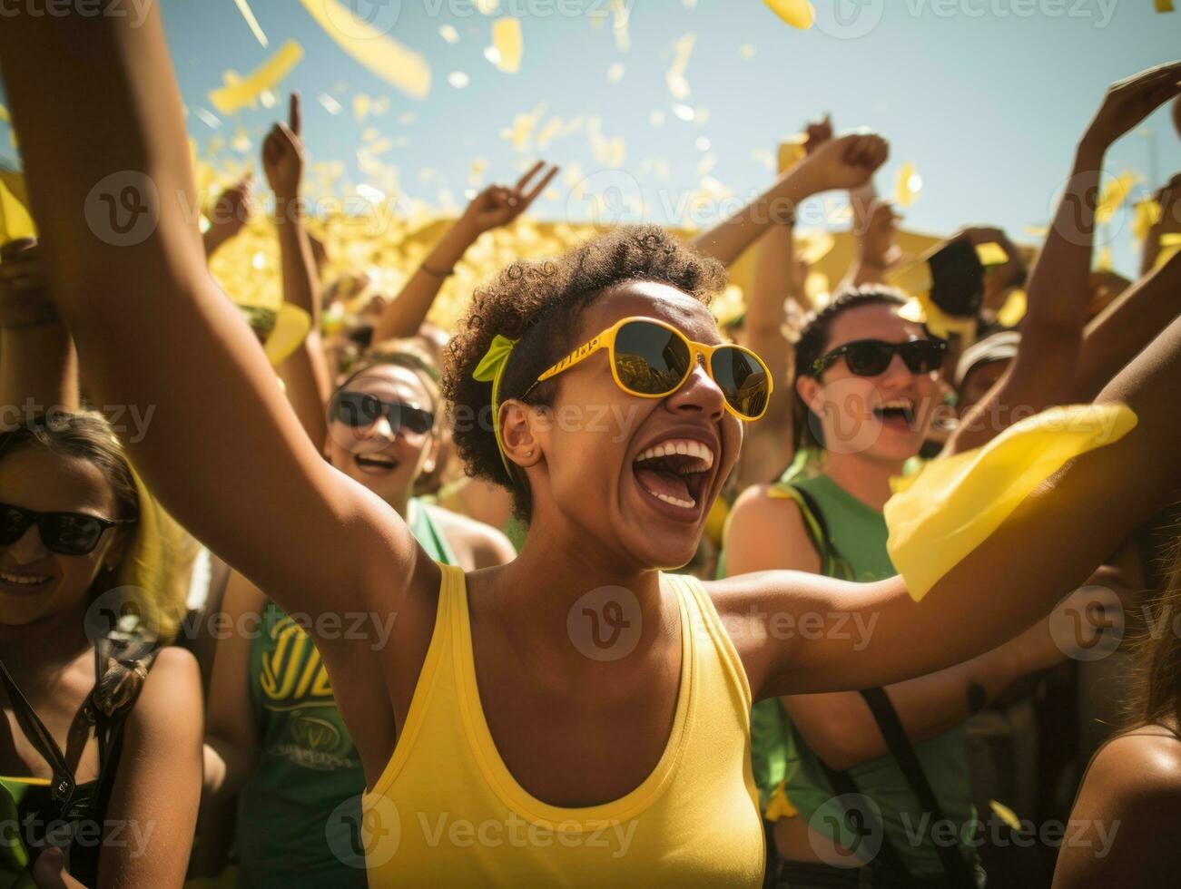 Brasilianer Frau feiert ihr Fußball Teams Sieg ai generativ foto