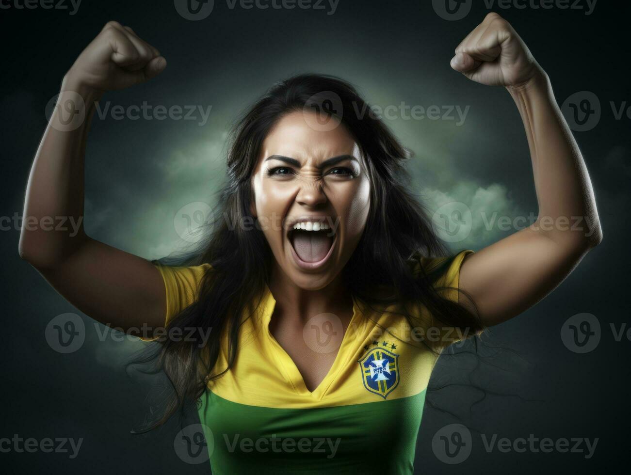 Brasilianer Frau feiert ihr Fußball Teams Sieg ai generativ foto