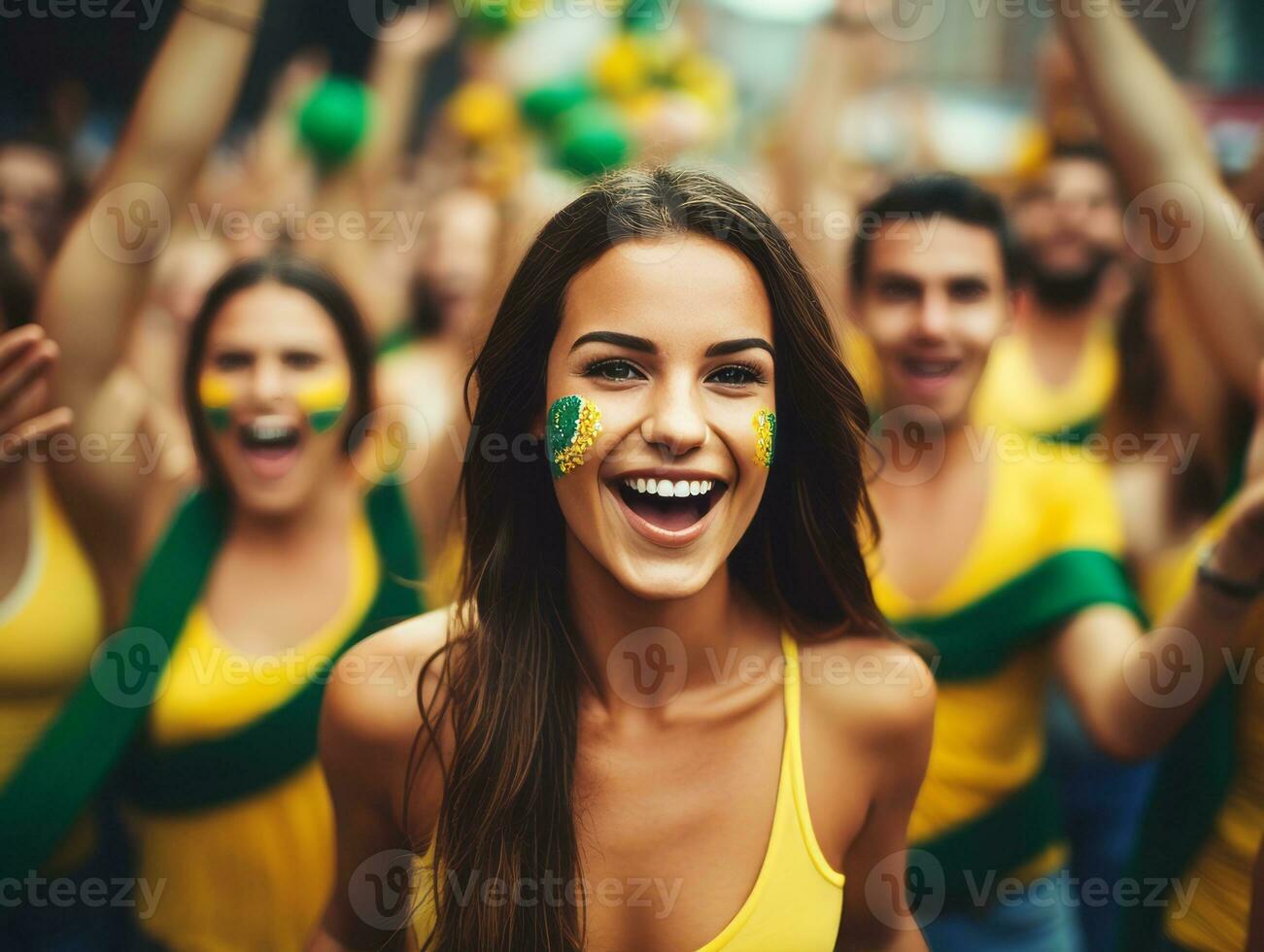 Brasilianer Frau feiert ihr Fußball Teams Sieg ai generativ foto