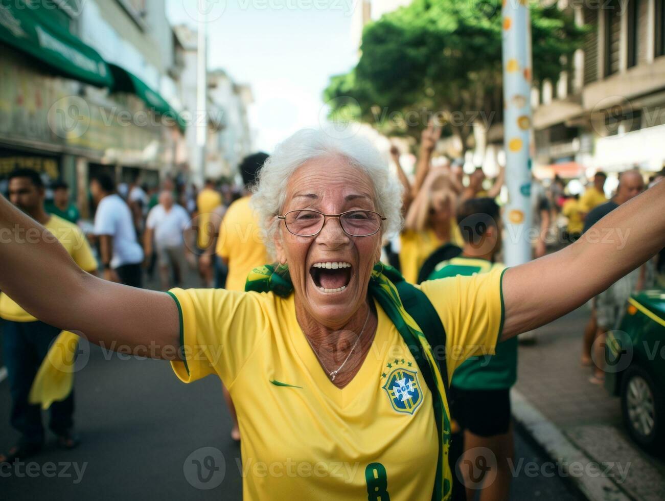 Brasilianer Frau feiert ihr Fußball Teams Sieg ai generativ foto