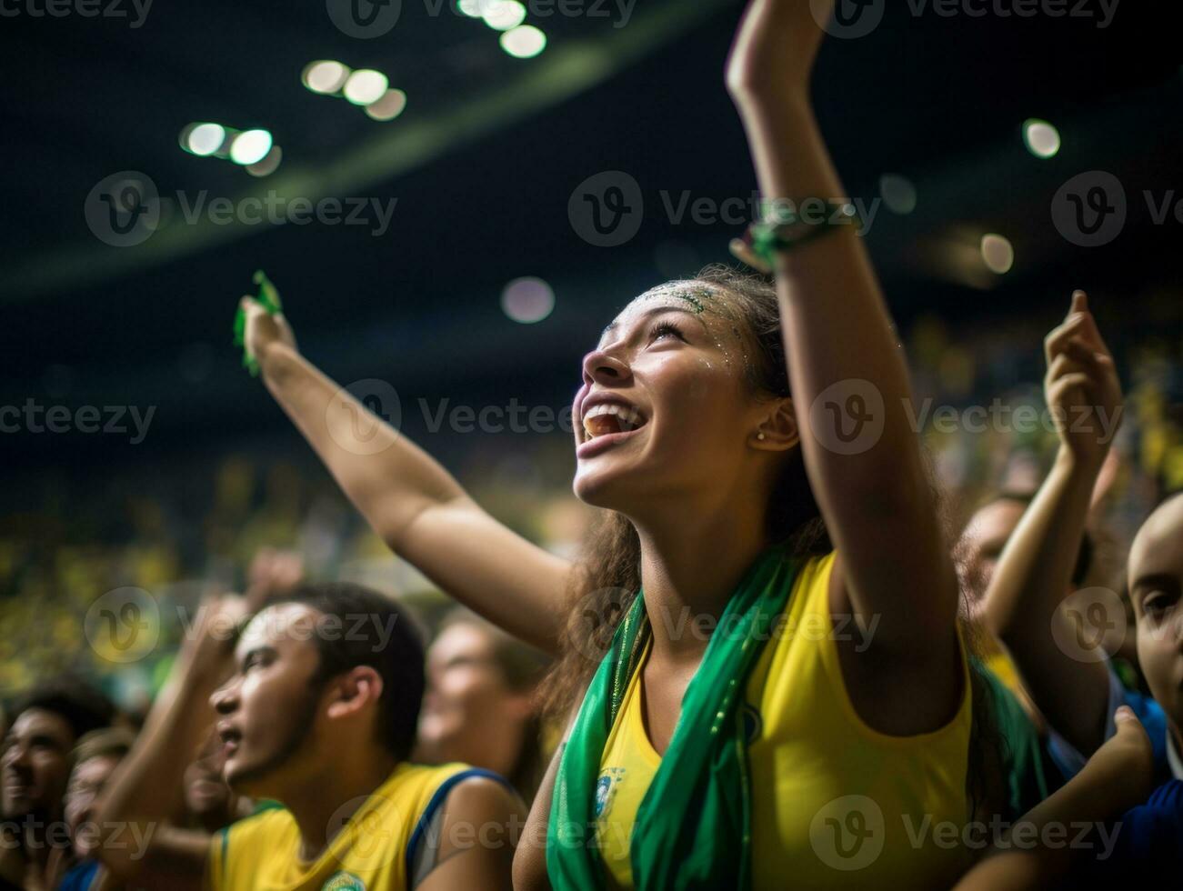 Brasilianer Frau feiert ihr Fußball Teams Sieg ai generativ foto