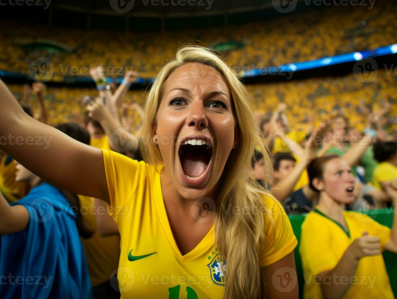 Brasilianer Frau feiert ihr Fußball Teams Sieg ai generativ foto