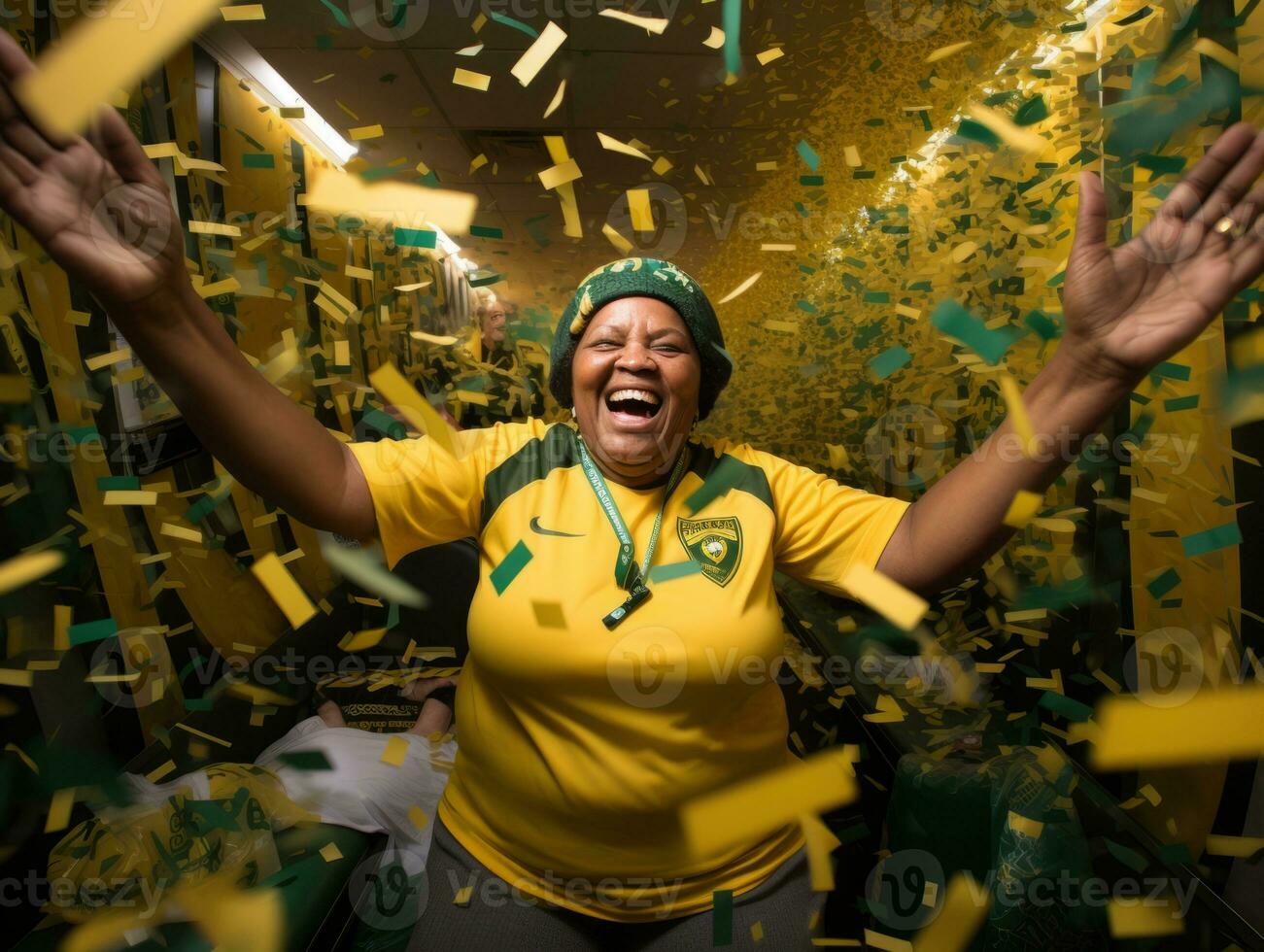 Brasilianer Frau feiert ihr Fußball Teams Sieg ai generativ foto