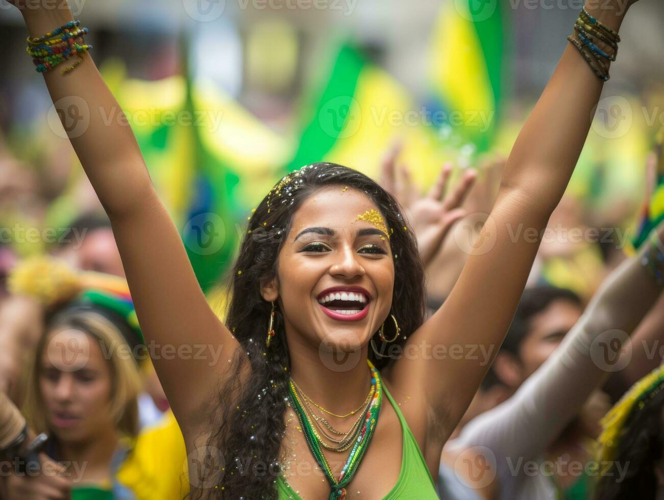 Brasilianer Frau feiert ihr Fußball Teams Sieg ai generativ foto