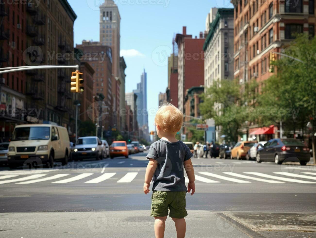 Kind genießt ein gemächlich Bummel durch das beschwingt Stadt Straßen ai generativ foto