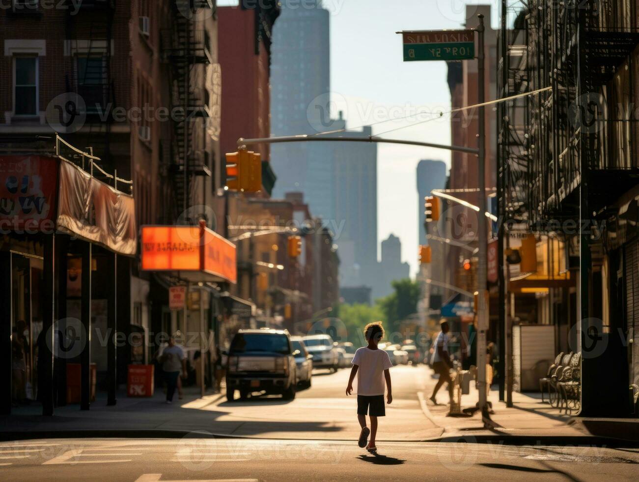 Kind genießt ein gemächlich Bummel durch das beschwingt Stadt Straßen ai generativ foto