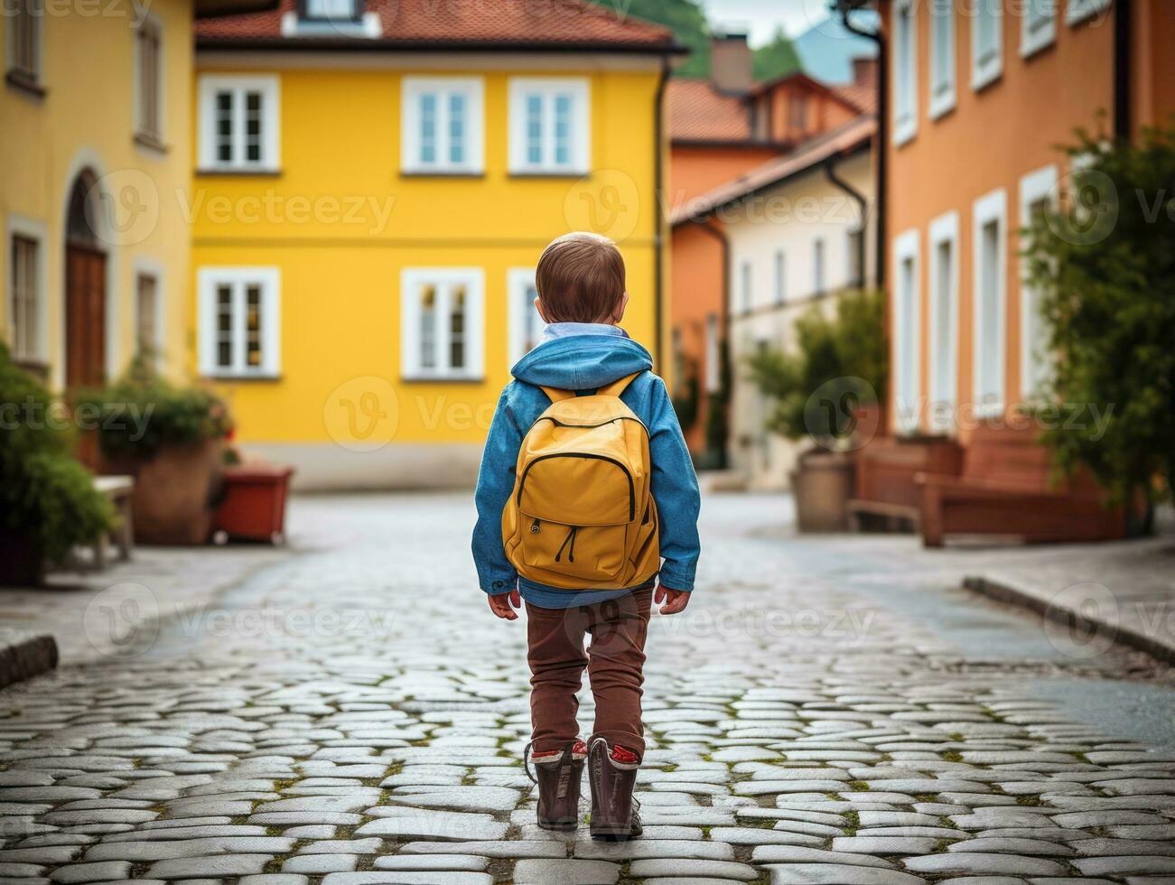 Kind genießt ein gemächlich Bummel durch das beschwingt Stadt Straßen ai generativ foto