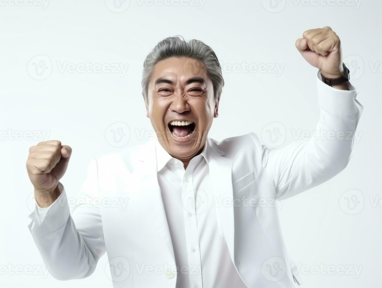 40 Jahr alt asiatisch Mann im emotional Pose auf Weiß Hintergrund ai generativ foto