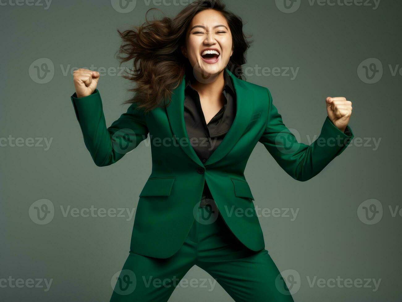 asiatisch Frau im emotional dynamisch Pose auf solide Hintergrund ai generativ foto