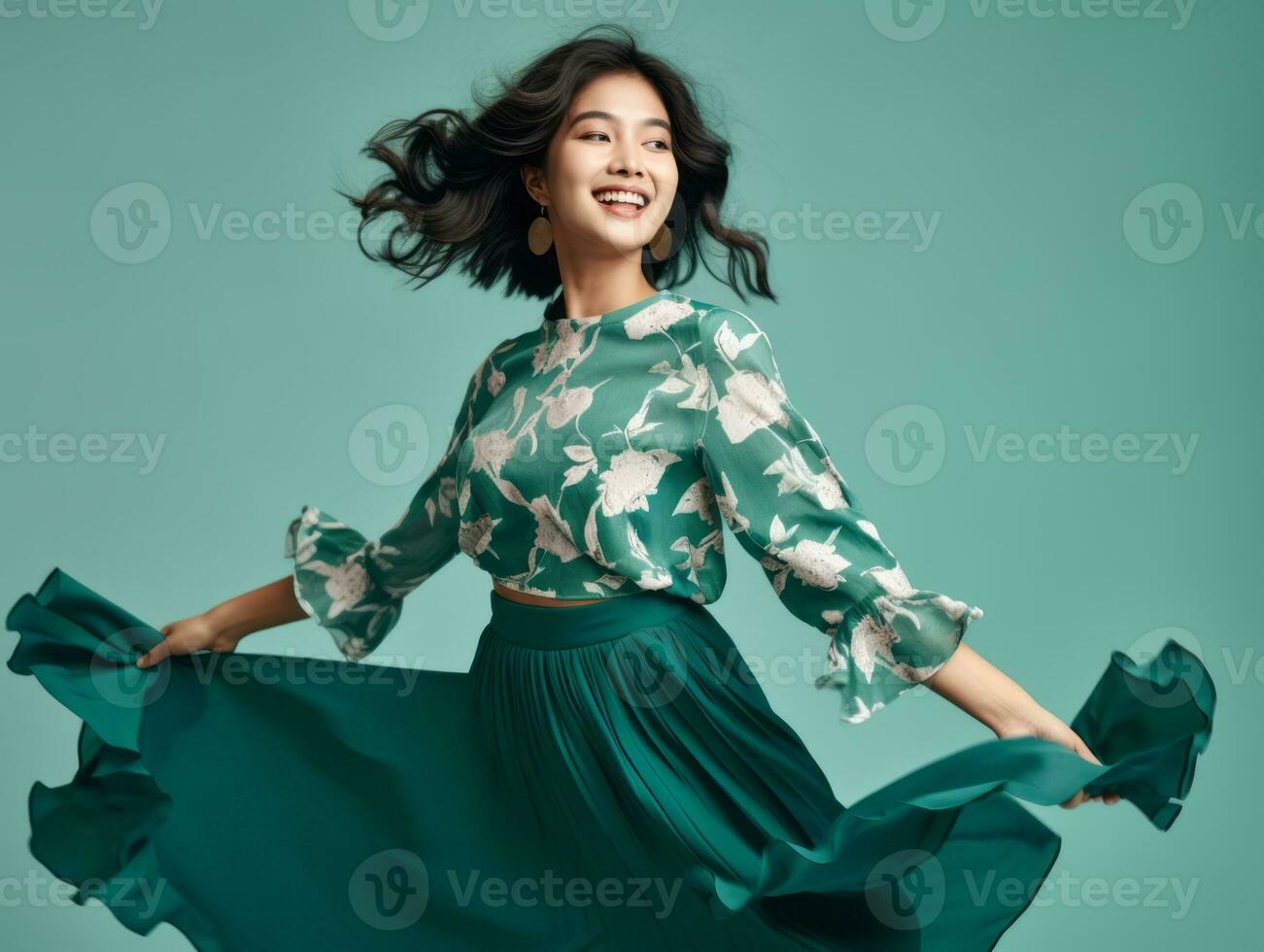 asiatisch Frau im spielerisch Pose auf solide Hintergrund ai generativ foto