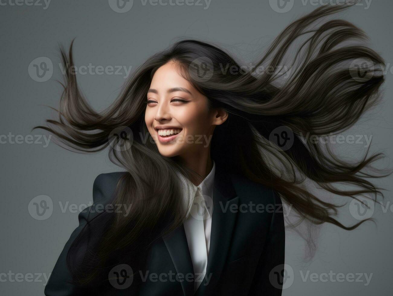 asiatisch Frau im spielerisch Pose auf solide Hintergrund ai generativ foto