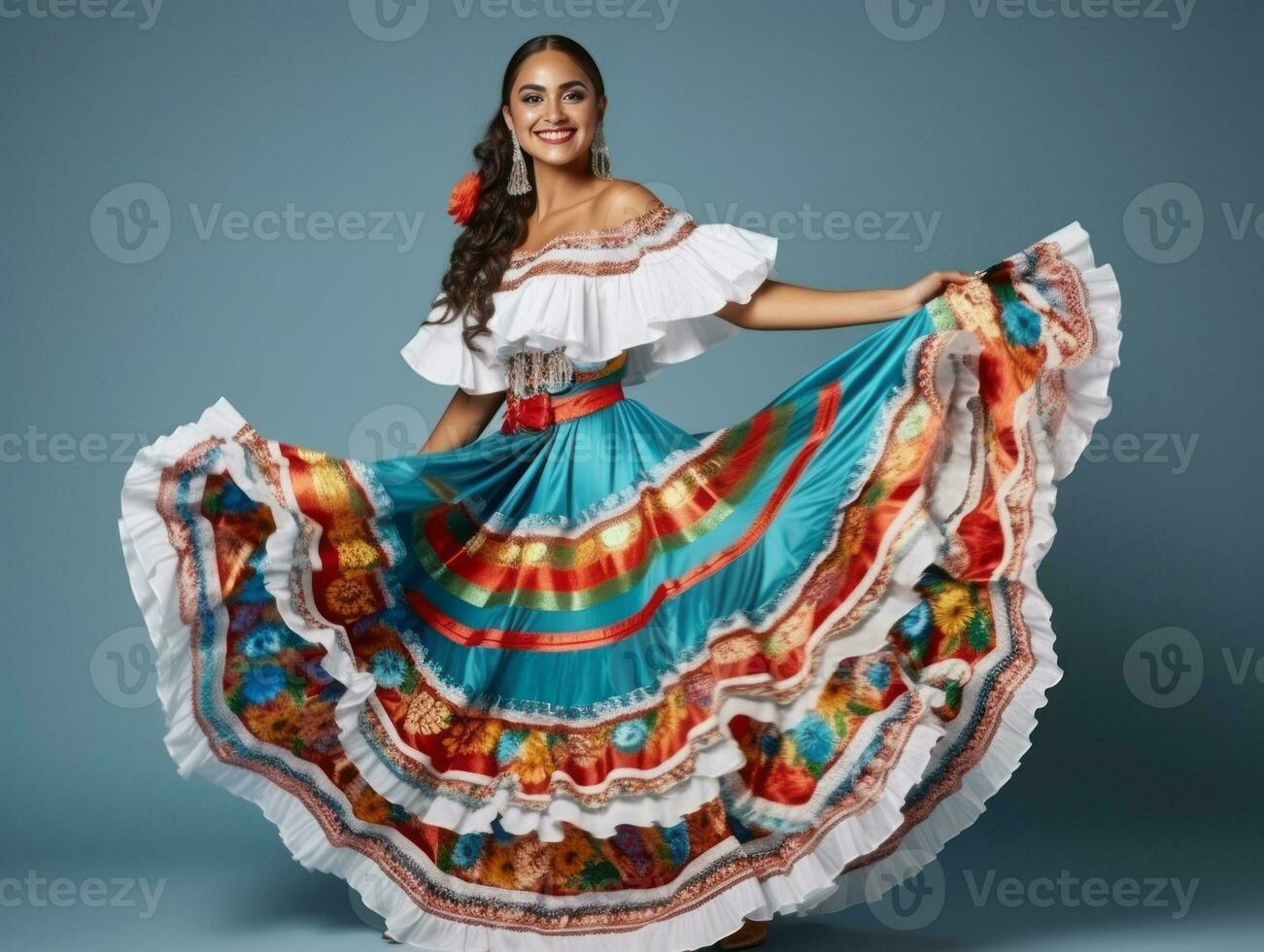 Mexikaner Frau im emotional dynamisch Pose auf solide Hintergrund ai generativ foto