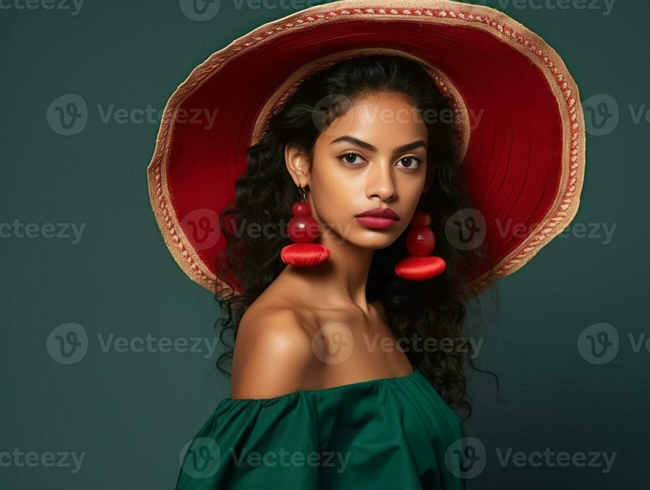 Mexikaner Frau im emotional dynamisch Pose auf solide Hintergrund ai generativ foto