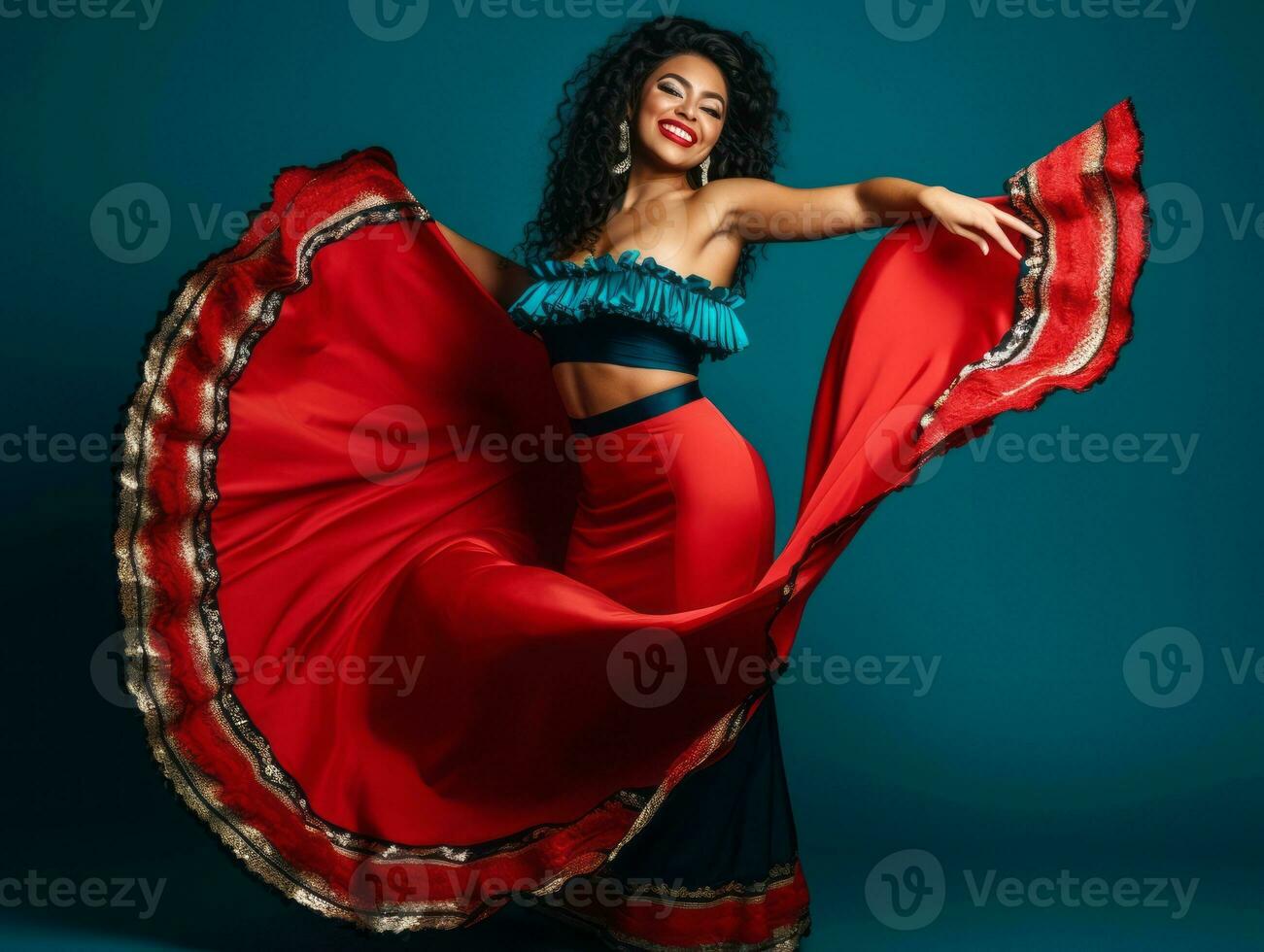 Mexikaner Frau im spielerisch Pose auf solide Hintergrund ai generativ foto