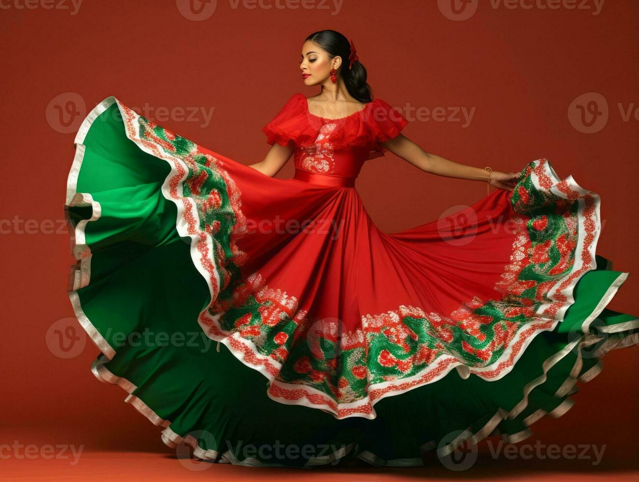 Mexikaner Frau im spielerisch Pose auf solide Hintergrund ai generativ foto