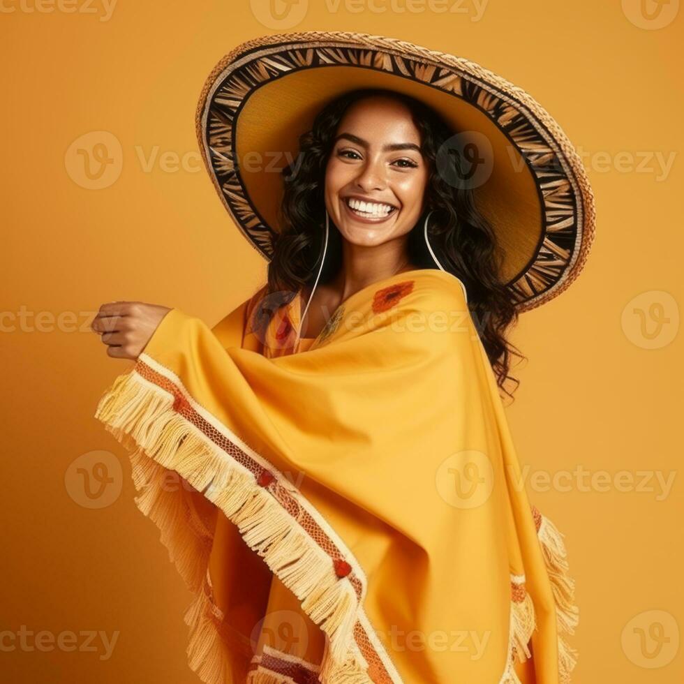 Mexikaner Frau im spielerisch Pose auf solide Hintergrund ai generativ foto