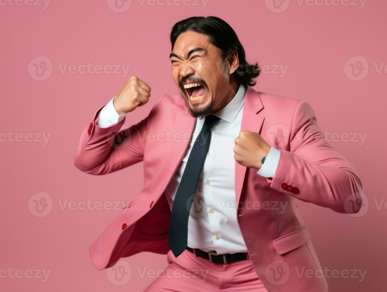 asiatisch Mann im emotional dynamisch Pose auf solide Hintergrund ai generativ foto