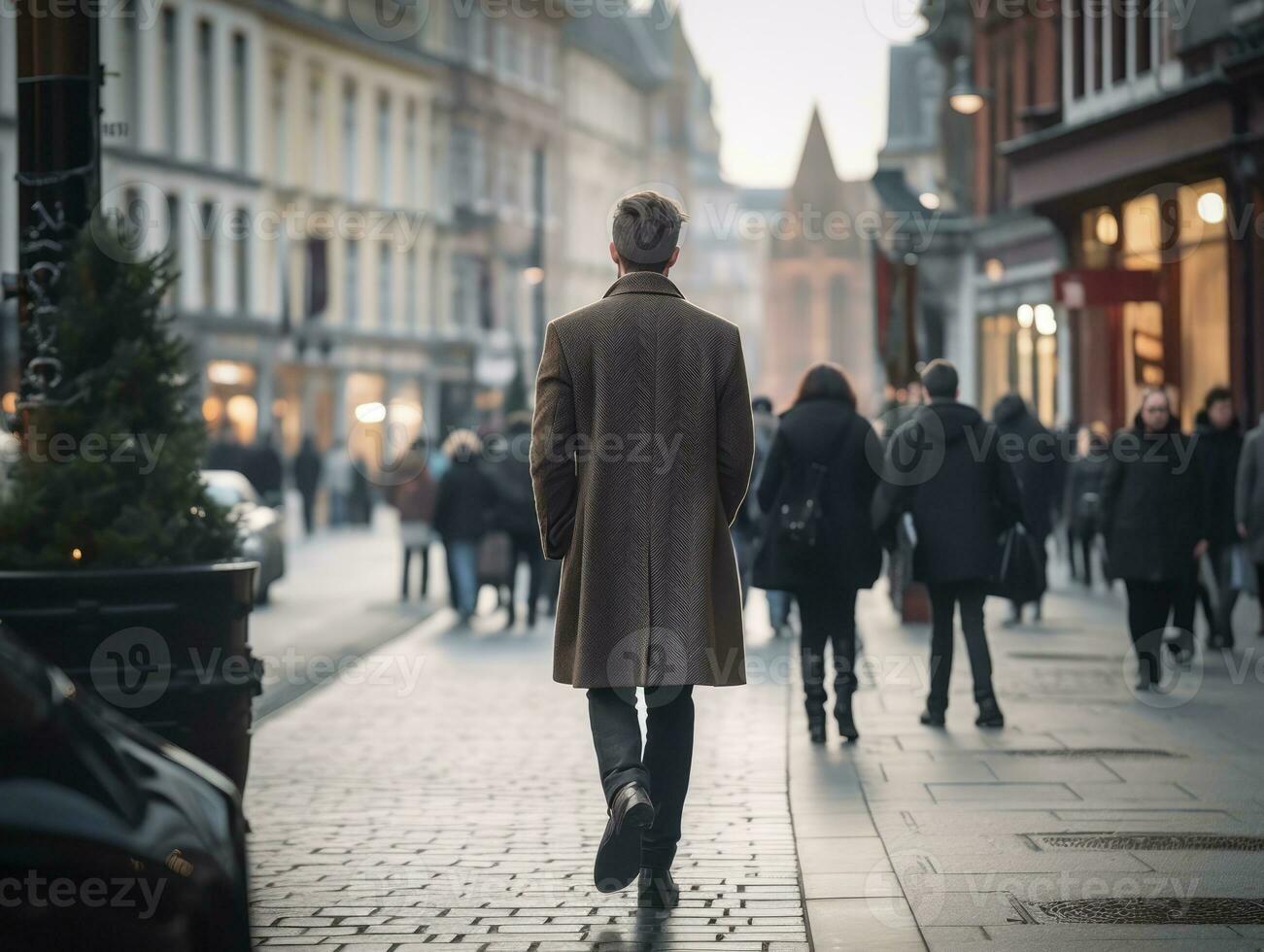 Mann genießt ein gemächlich Bummel durch das beschwingt Stadt Straßen ai generativ foto