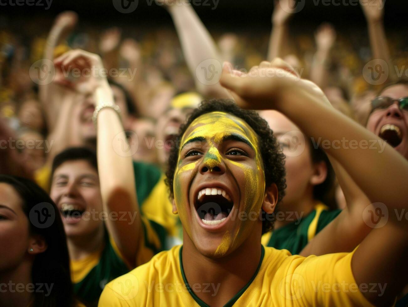 Brasilianer Mann feiert seine Fußball Teams Sieg ai generativ foto