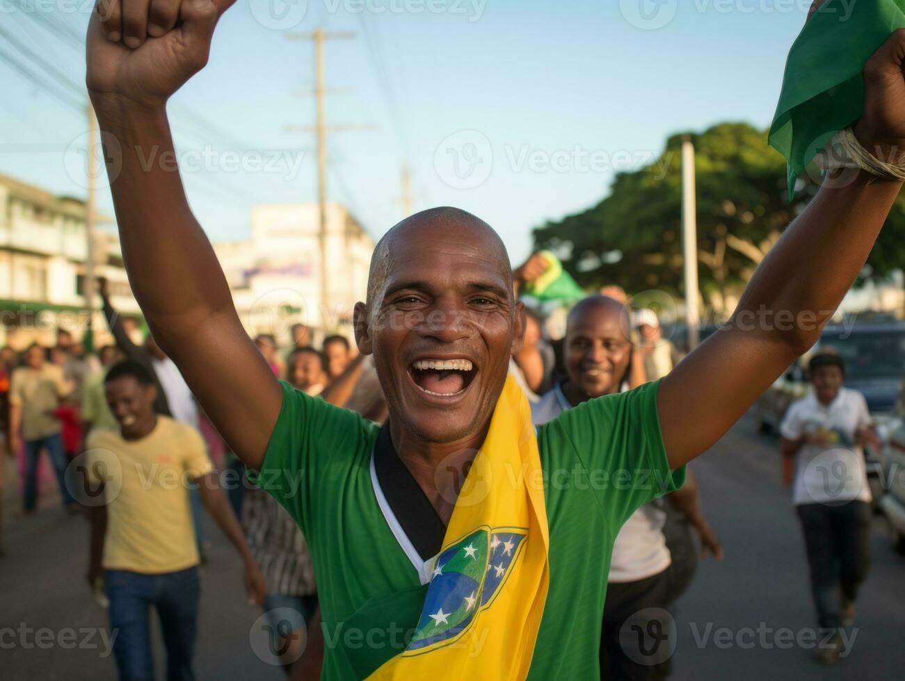 Brasilianer Mann feiert seine Fußball Teams Sieg ai generativ foto