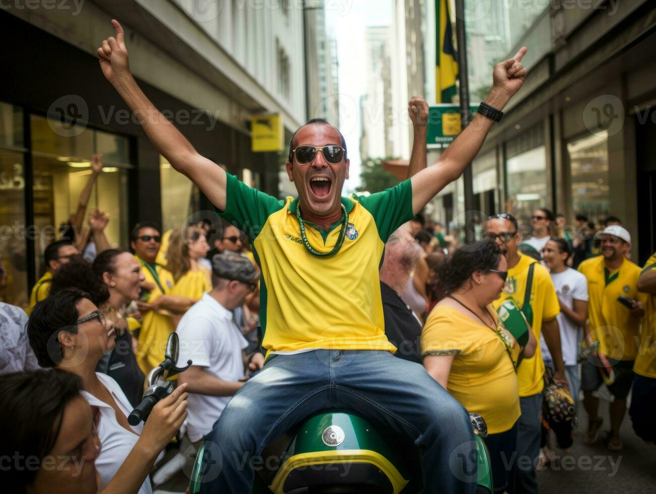 Brasilianer Mann feiert seine Fußball Teams Sieg ai generativ foto