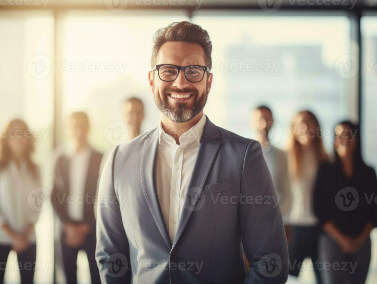 Mann im ein Geschäft Treffen führen mit Vertrauen ai generativ foto
