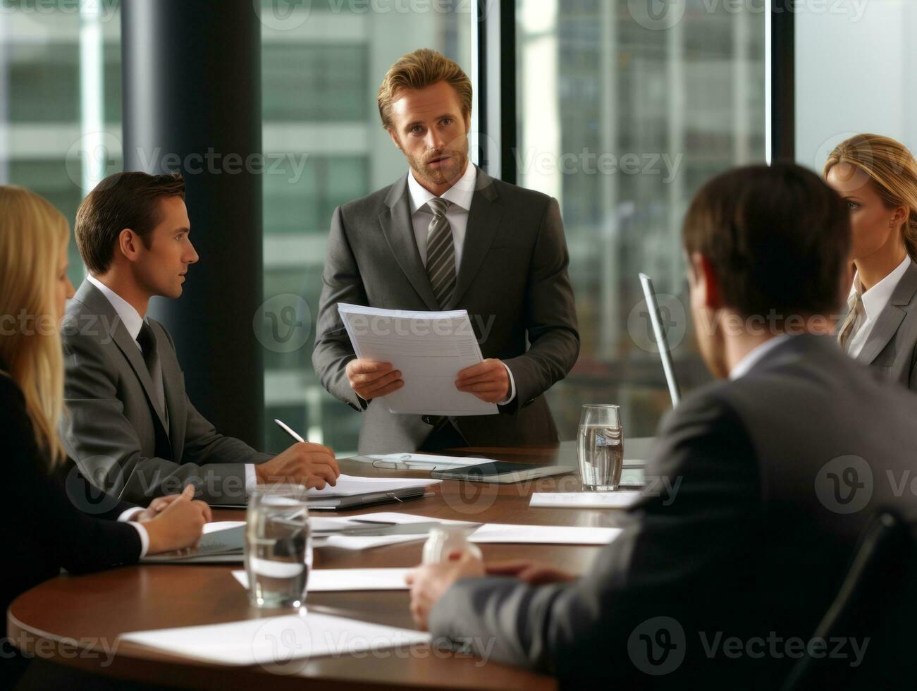 Mann im ein Geschäft Treffen führen mit Vertrauen ai generativ foto