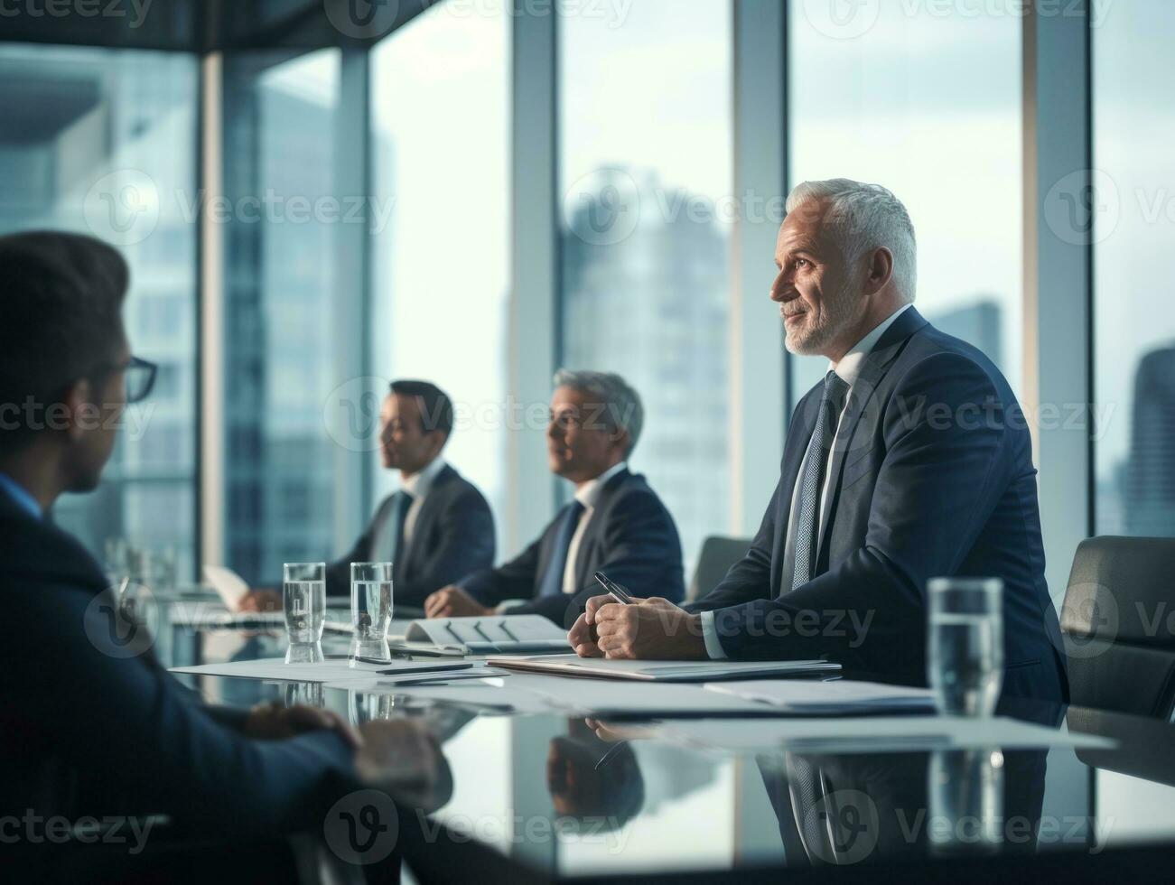 Mann im ein Geschäft Treffen führen mit Vertrauen ai generativ foto