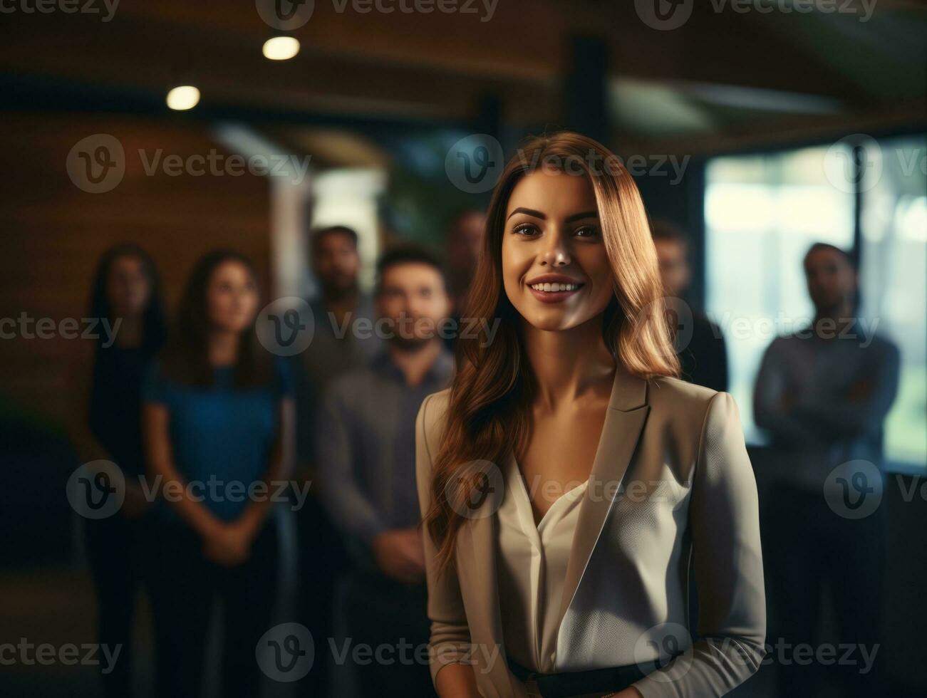 Frau im ein Geschäft Treffen führen mit Vertrauen ai generativ foto