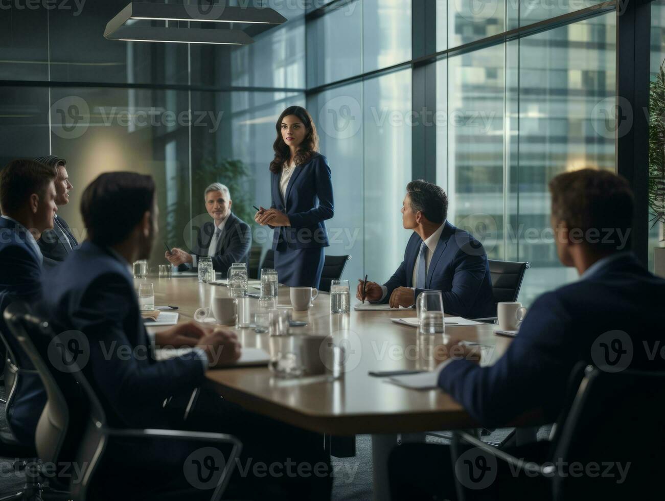 Frau im ein Geschäft Treffen führen mit Vertrauen ai generativ foto