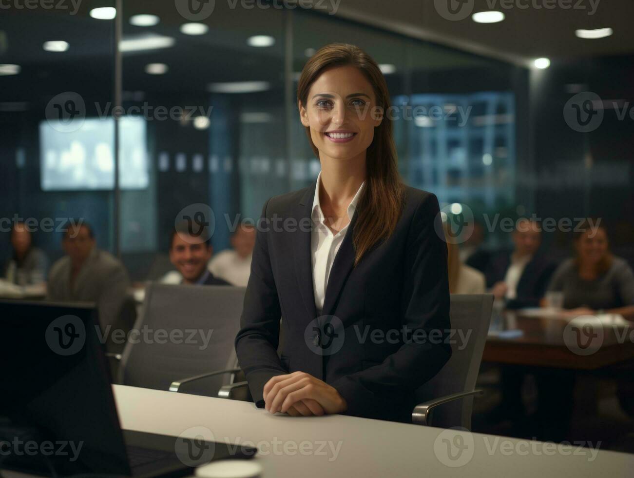Frau im ein Geschäft Treffen führen mit Vertrauen ai generativ foto