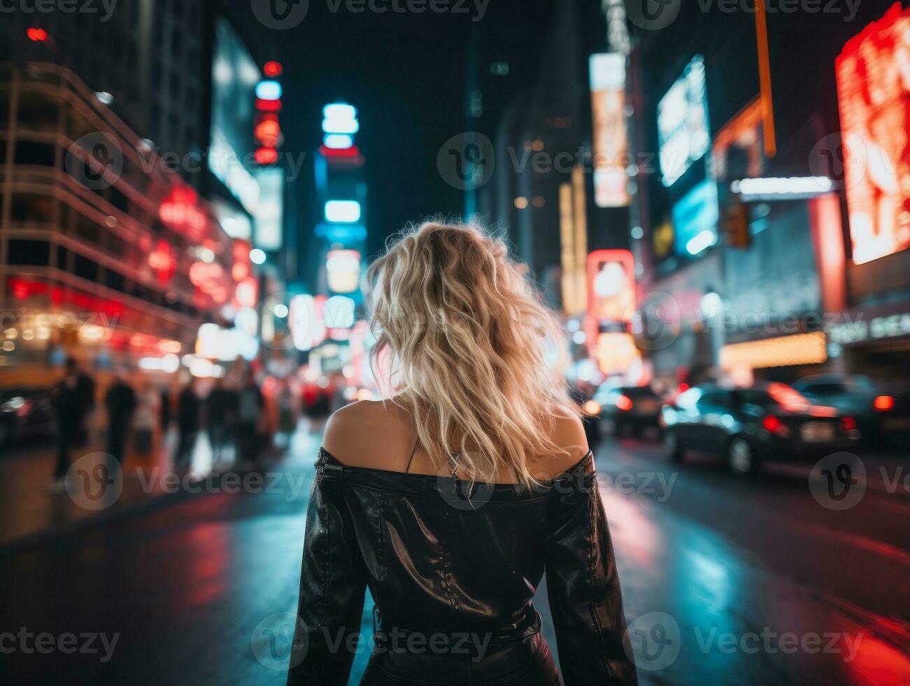Frau im futuristisch Kleider genießt gemächlich Bummel durch Neon- Stadt Straßen ai generativ foto