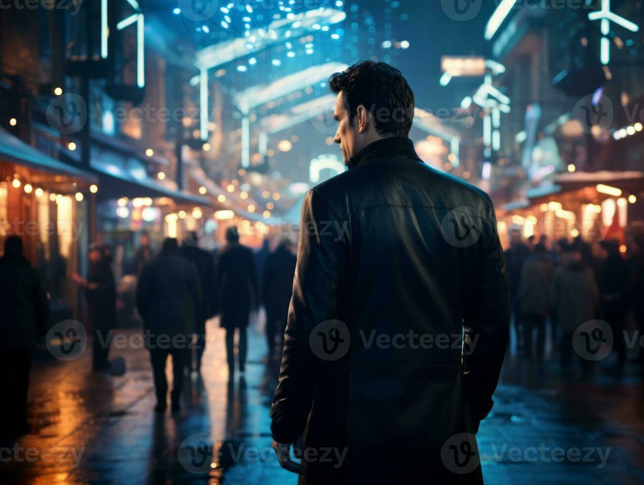 Mann im Zukunft Beweis Kleider genießt ein gemächlich Bummel durch ein Neon- zündete Stadt Straßen ai generativ foto