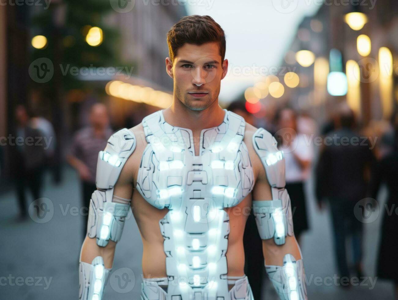 Mann im futuristisch Kleider genießt ein gemächlich Bummel durch ein Stadt Straßen ai generativ foto