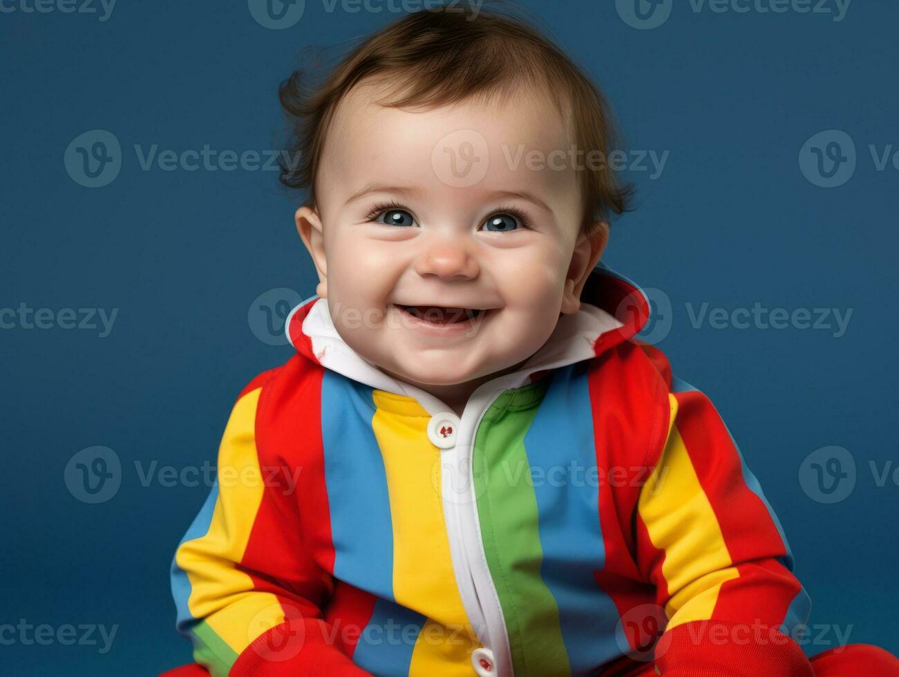 bezaubernd Baby mit beschwingt Kleidung im ein spielerisch Pose ai generativ foto