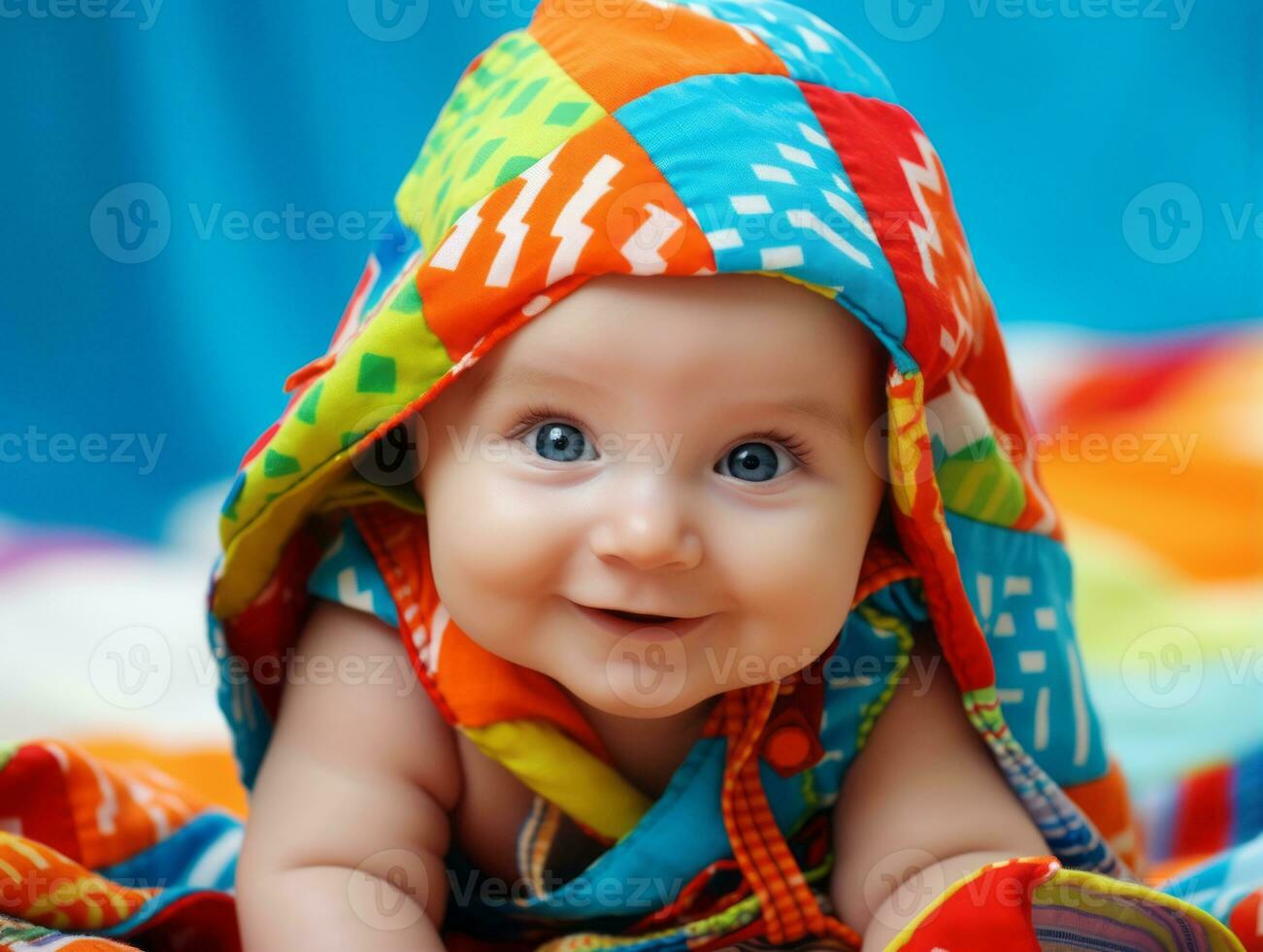 bezaubernd Baby mit beschwingt Kleidung im ein spielerisch Pose ai generativ foto