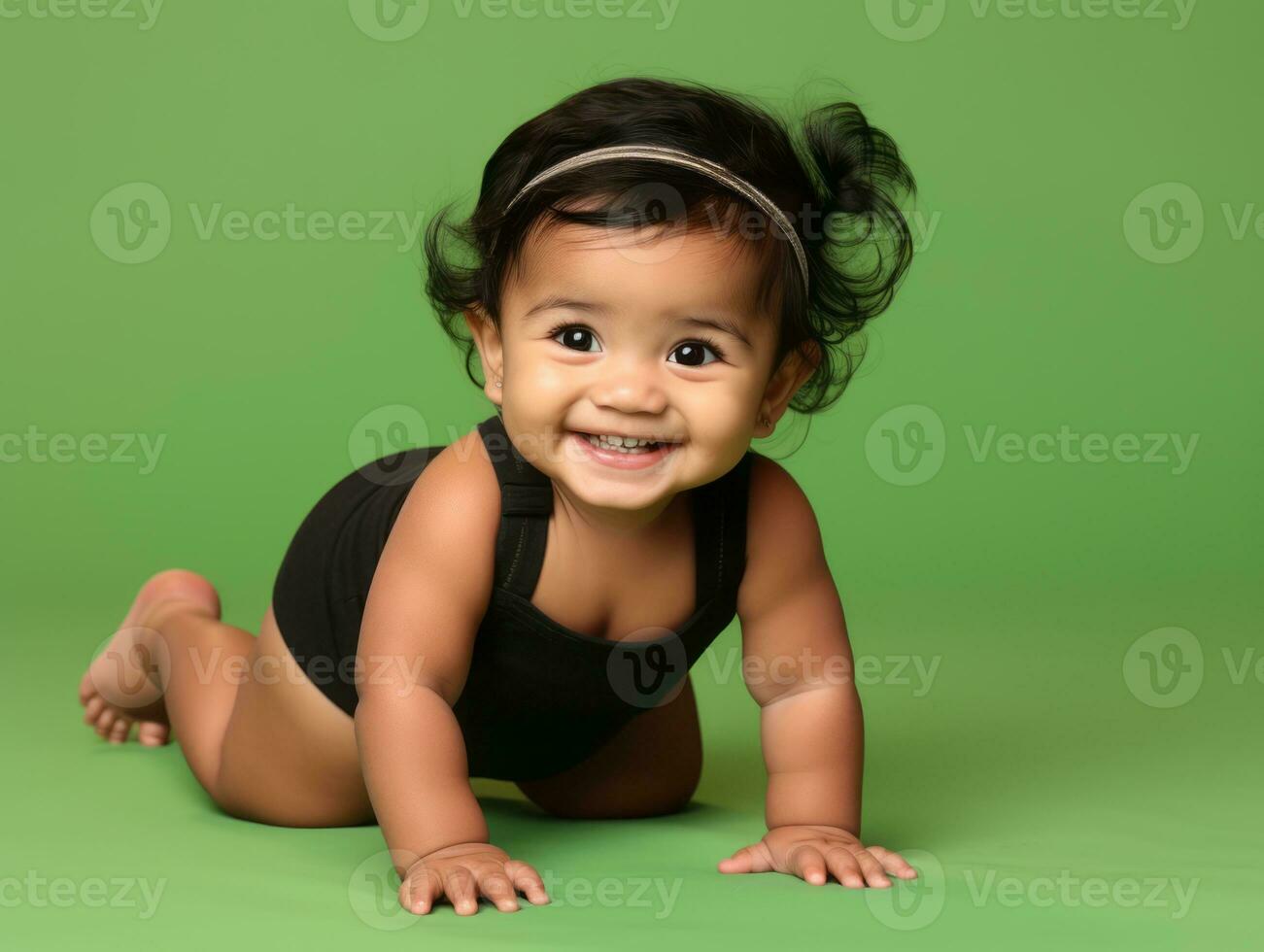 bezaubernd Baby mit beschwingt Kleidung im ein spielerisch Pose ai generativ foto