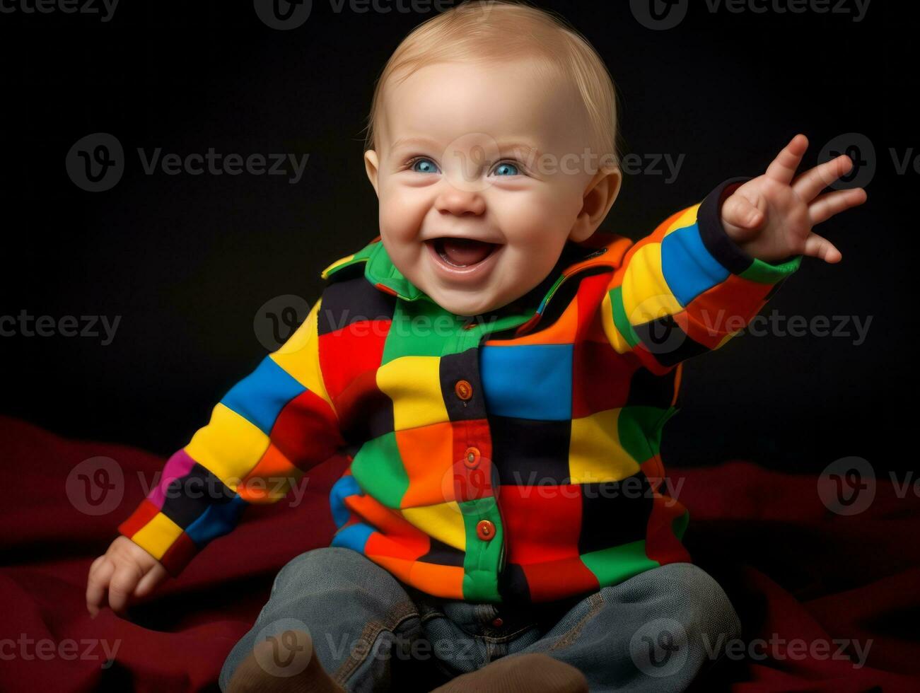 bezaubernd Baby mit beschwingt Kleidung im ein spielerisch Pose ai generativ foto