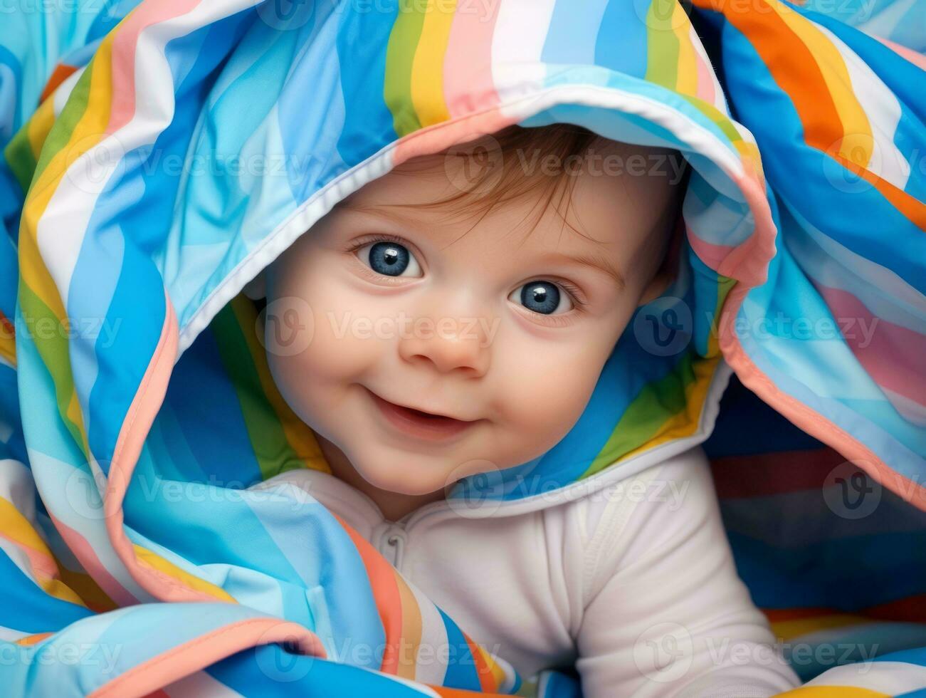 bezaubernd Baby mit beschwingt Kleidung im ein spielerisch Pose ai generativ foto