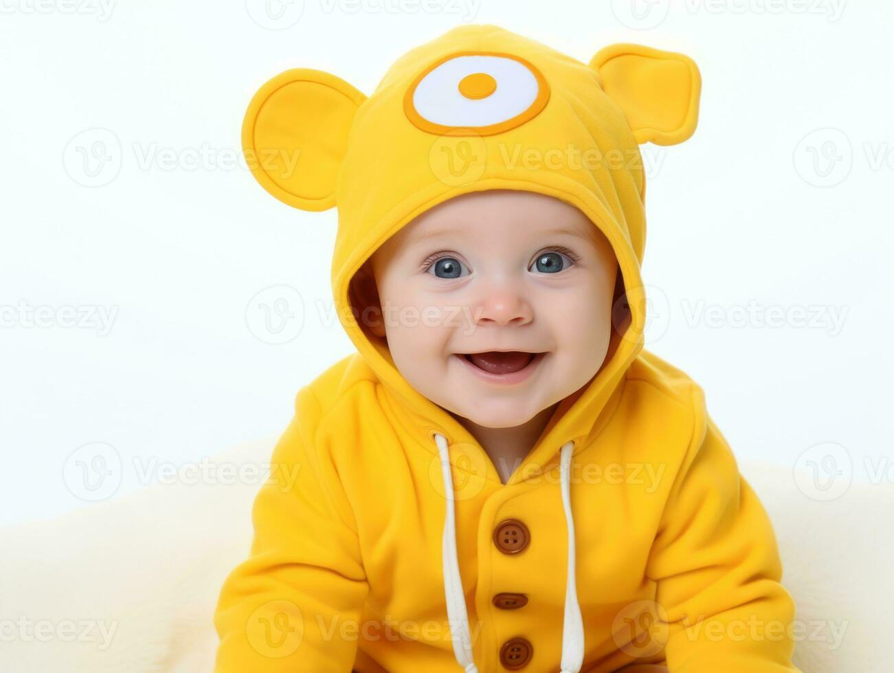 bezaubernd Baby mit beschwingt Kleidung im ein spielerisch Pose ai generativ foto