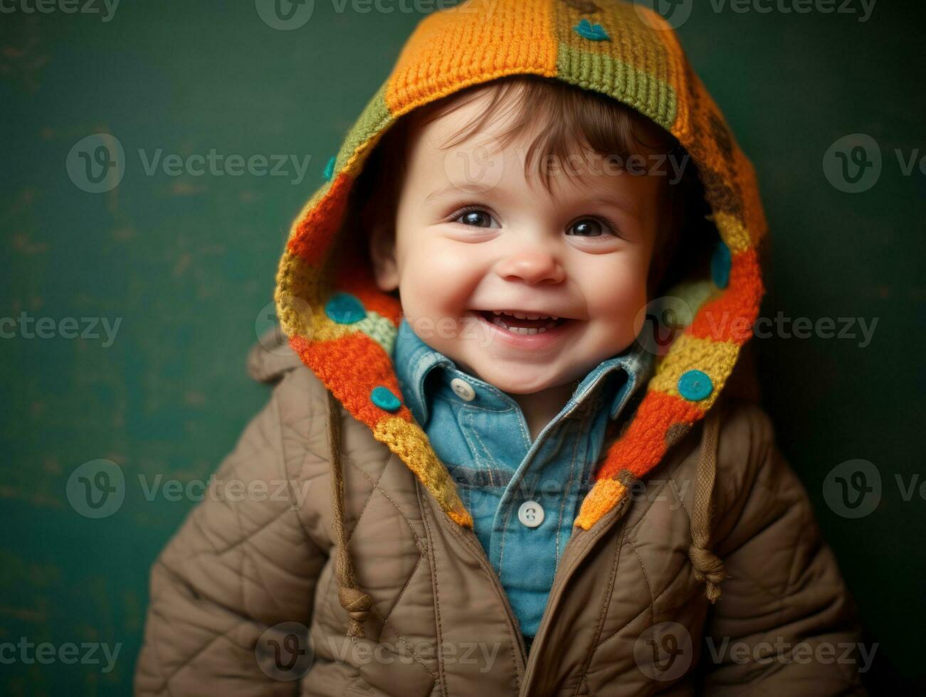 bezaubernd Baby mit beschwingt Kleidung im ein spielerisch Pose ai generativ foto