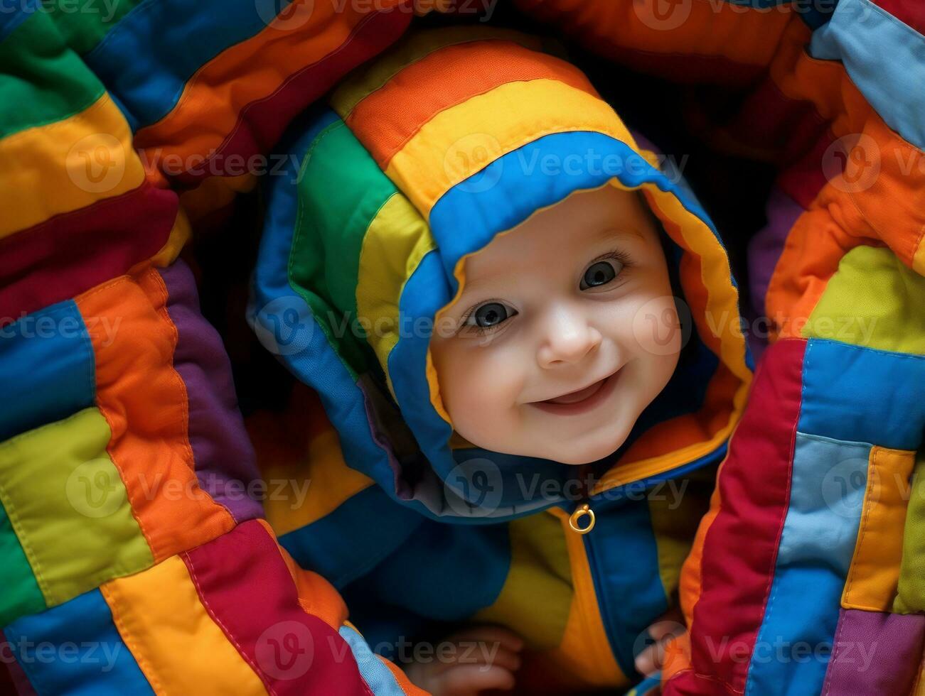 bezaubernd Baby mit beschwingt Kleidung im ein spielerisch Pose ai generativ foto