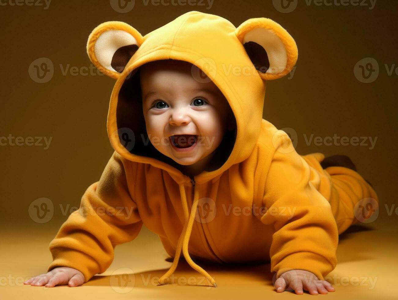 bezaubernd Baby mit beschwingt Kleidung im ein spielerisch Pose ai generativ foto