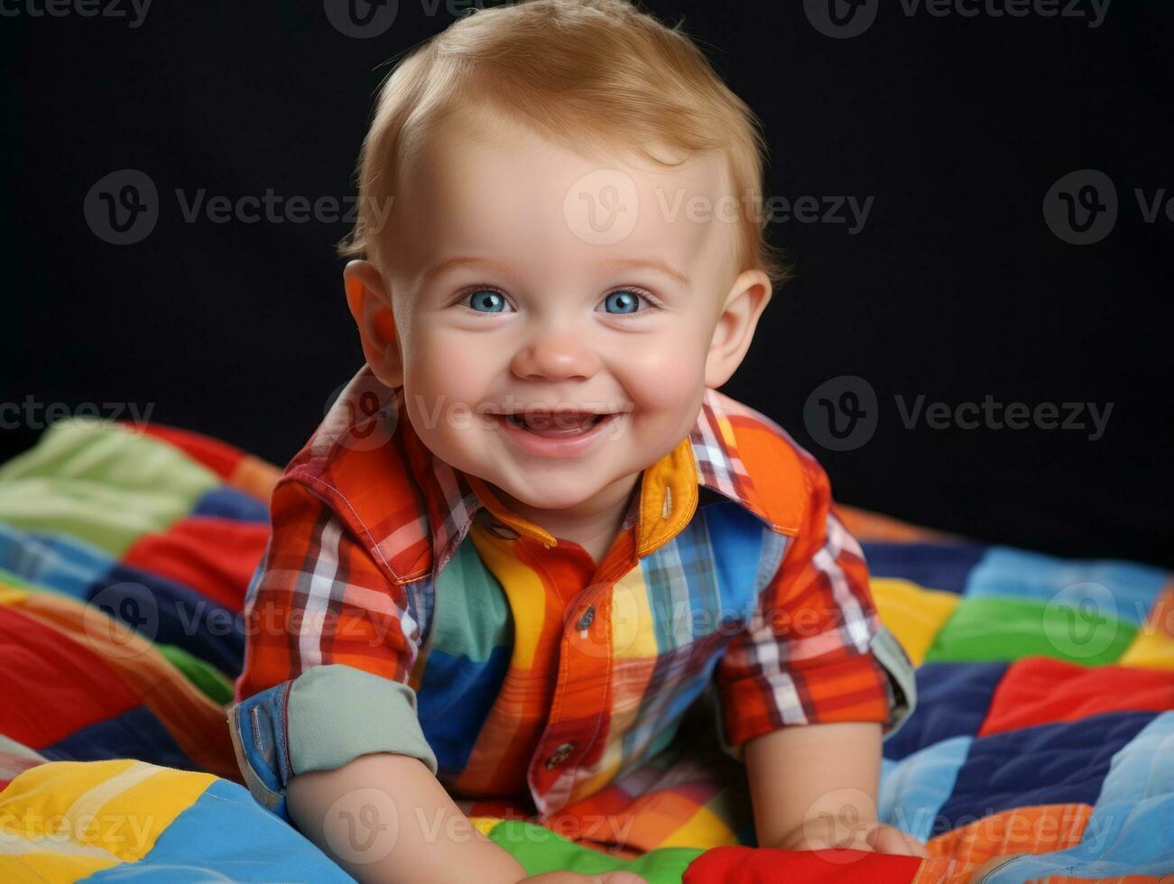 bezaubernd Baby mit beschwingt Kleidung im ein spielerisch Pose ai generativ foto